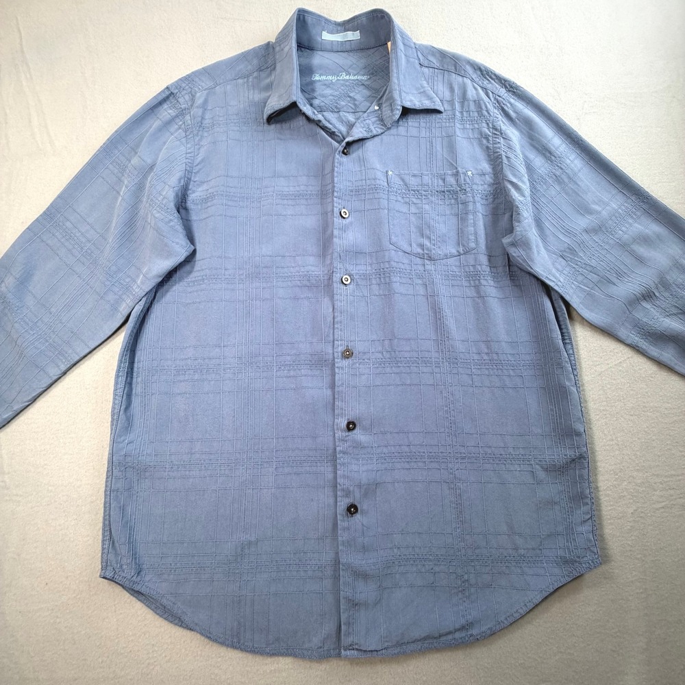 Tommy Bahama Blue Textured 100% Silk Button Down Sz L Nautical Resortwear Grid - Picture 2 of 10